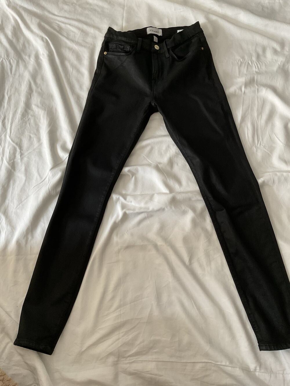FRAME Women’s Skinny Jeans Black Dark Wash Mid-Rise 5-Pocket Button Logo